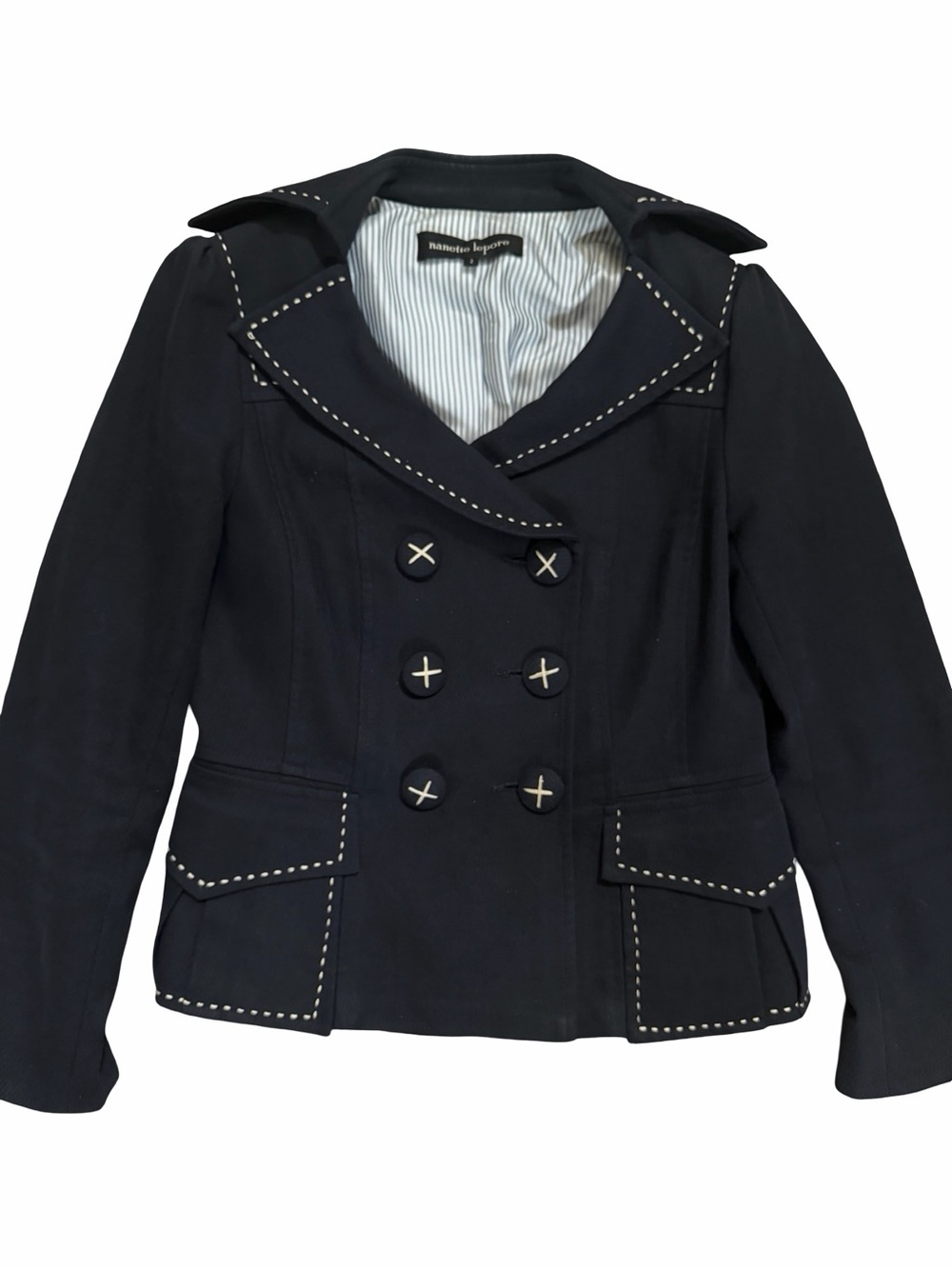 Nanette Lepore Navy Double-Breasted Peacoat Blazer w/ Contrast Stitching 2
